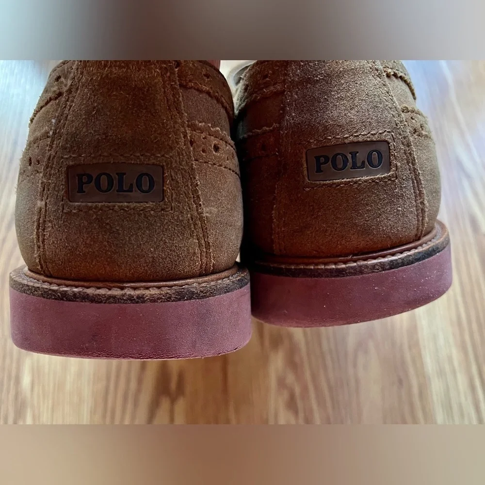 Polo Ralph Lauren Suede Oxford Wingtips Men Tan 10D Preppy Brogue